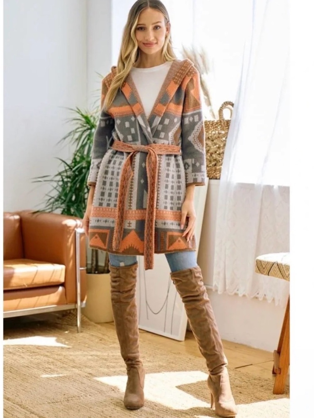 NWT On Blue Boutique Aztec Design Hooded Cardigan Sweater Size M